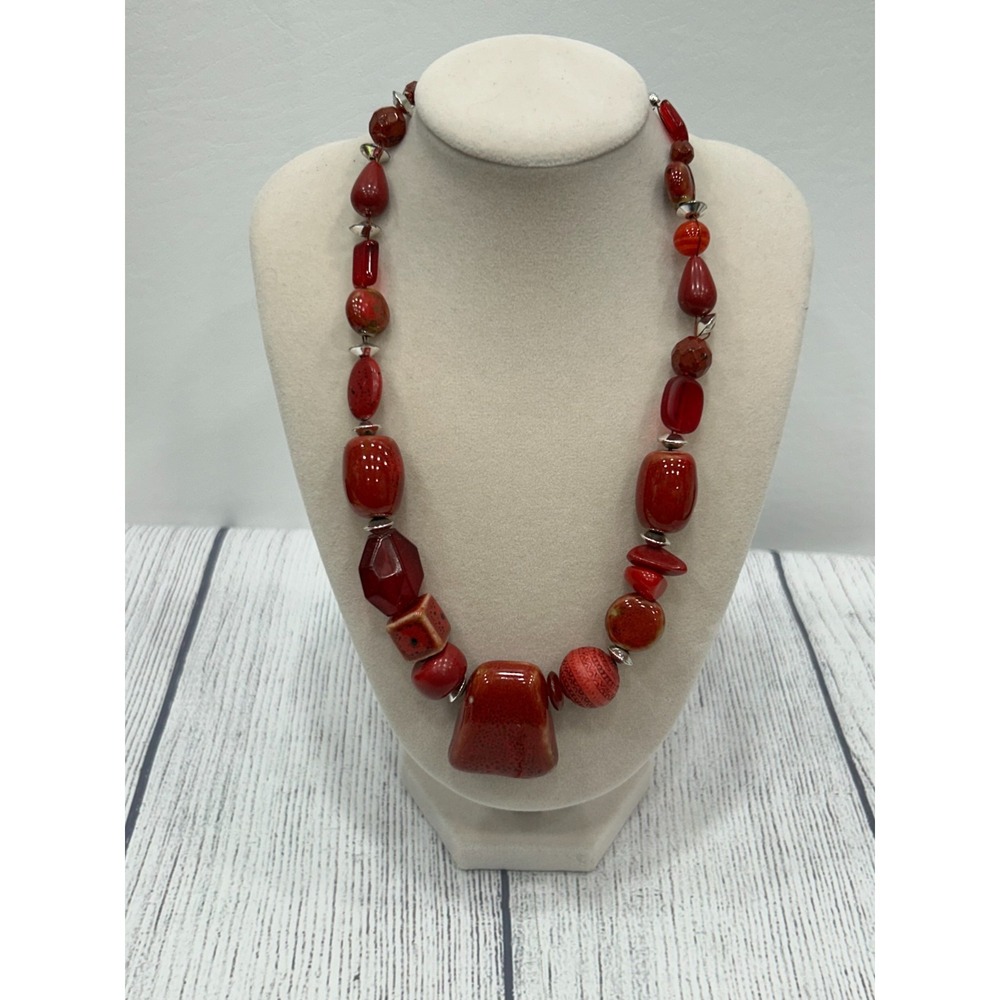 Chico's Red Chunky Mixed Media Ceramic Glass Bold Beaded Statement Necklace 20"